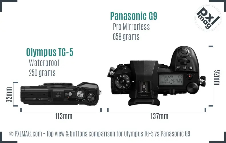 Olympus TG-5 vs Panasonic G9 top view buttons comparison