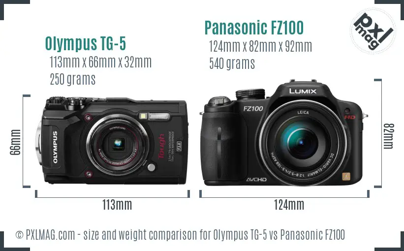 Olympus TG-5 vs Panasonic FZ100 size comparison