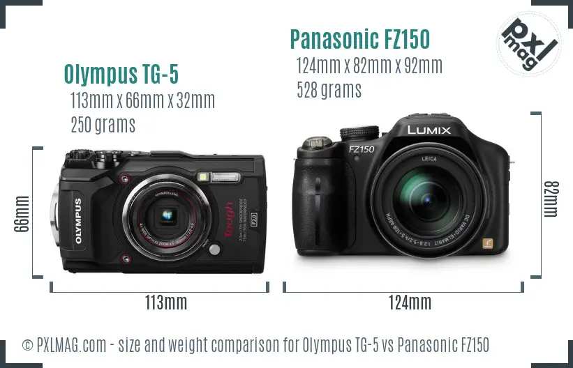 Olympus TG-5 vs Panasonic FZ150 size comparison