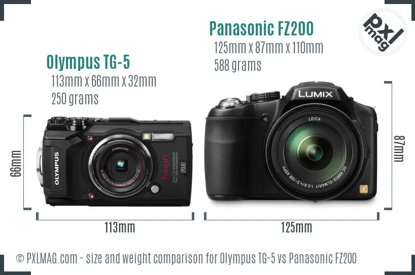 Olympus TG-5 vs Panasonic FZ200 size comparison