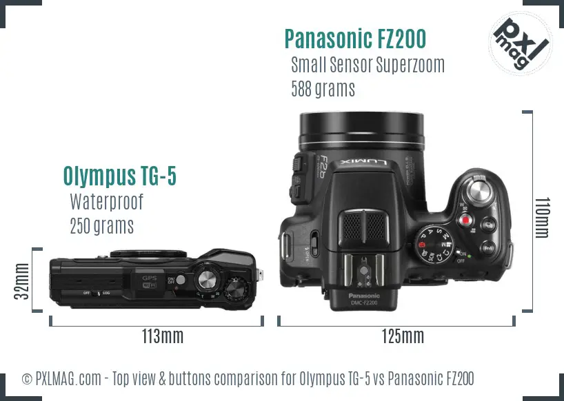 Olympus TG-5 vs Panasonic FZ200 top view buttons comparison