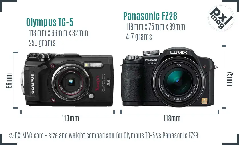 Olympus TG-5 vs Panasonic FZ28 size comparison Olympus TG-5 vs Panasonic FZ28 size comparison