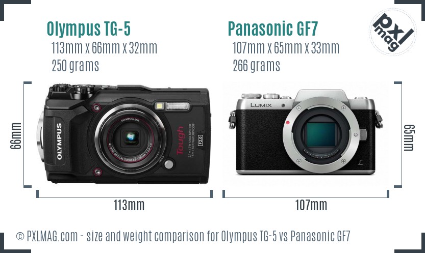 Olympus TG-5 vs Panasonic GF7 size comparison