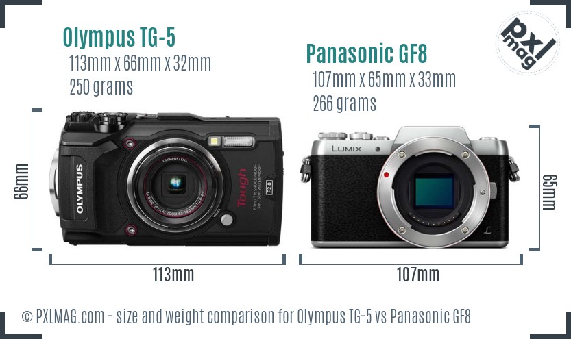 Olympus TG-5 vs Panasonic GF8 size comparison