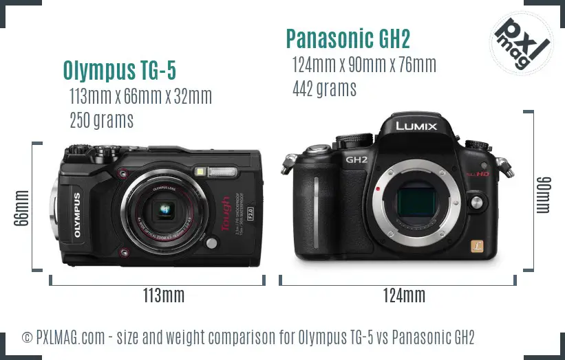 Olympus TG-5 vs Panasonic GH2 size comparison