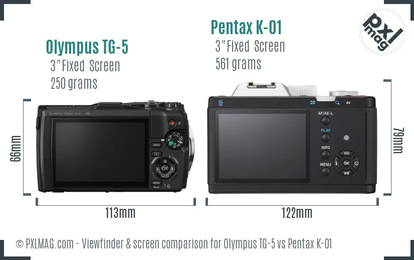 Olympus TG-5 vs Pentax K-01 Screen and Viewfinder comparison