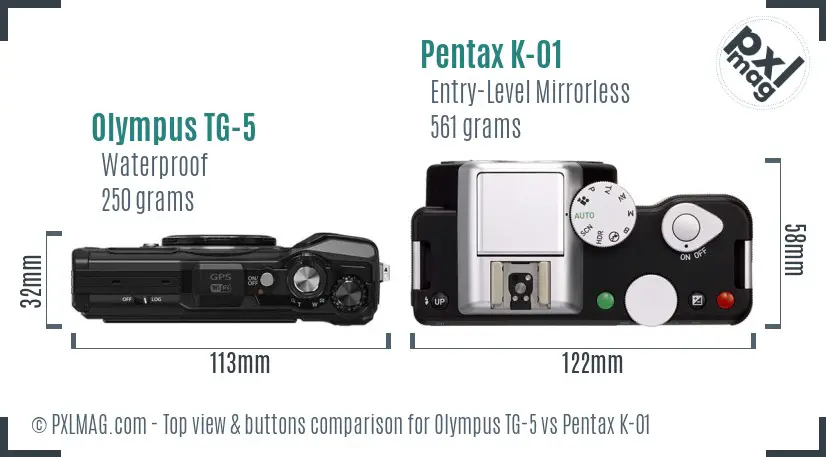 Olympus TG-5 vs Pentax K-01 top view buttons comparison