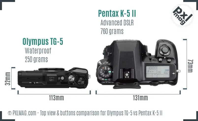 Olympus TG-5 vs Pentax K-5 II top view buttons comparison