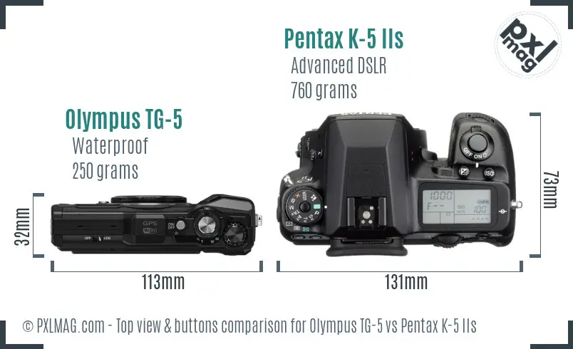 Olympus TG-5 vs Pentax K-5 IIs top view buttons comparison