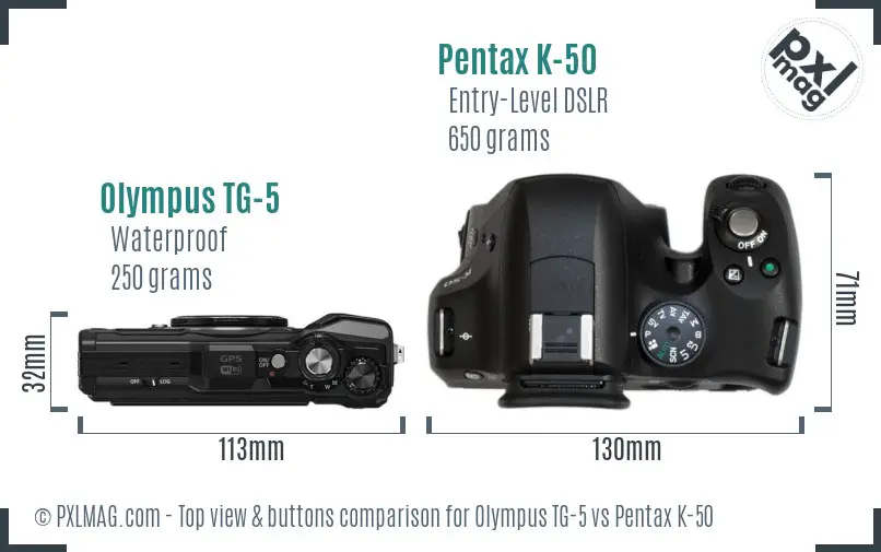 Olympus TG-5 vs Pentax K-50 top view buttons comparison