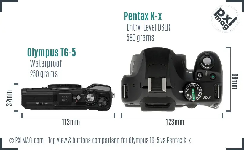 Olympus TG-5 vs Pentax K-x top view buttons comparison