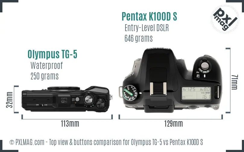 Olympus TG-5 vs Pentax K100D S top view buttons comparison Olympus TG-5 vs Pentax K100D S top view buttons comparison