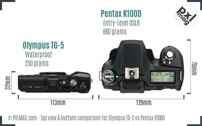 Olympus TG-5 vs Pentax K100D top view buttons comparison