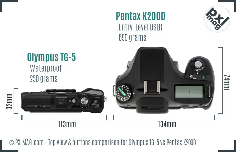 Olympus TG-5 vs Pentax K200D top view buttons comparison Olympus TG-5 vs Pentax K200D top view buttons comparison