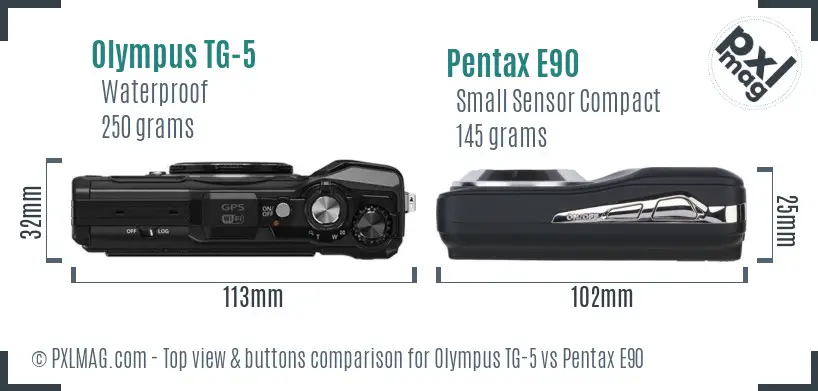 Olympus TG-5 vs Pentax E90 top view buttons comparison