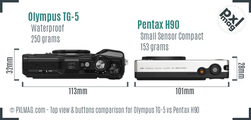 Olympus TG-5 vs Pentax H90 top view buttons comparison