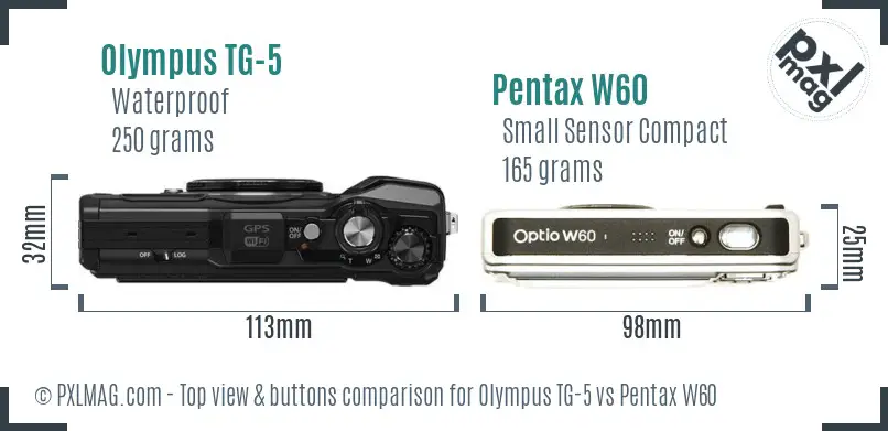 Olympus TG-5 vs Pentax W60 top view buttons comparison