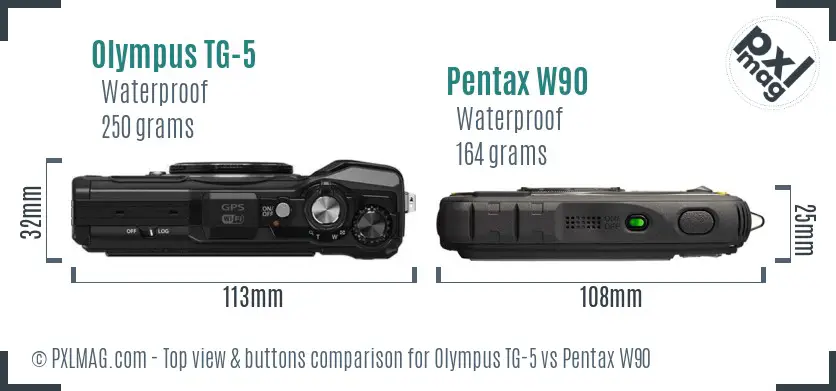 Olympus TG-5 vs Pentax W90 top view buttons comparison