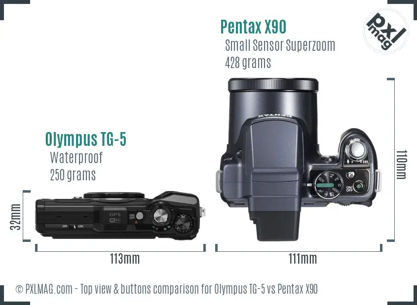 Olympus TG-5 vs Pentax X90 top view buttons comparison