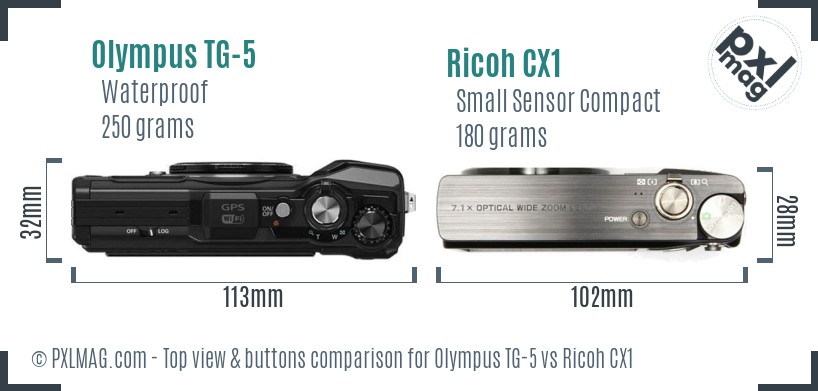 Olympus TG-5 vs Ricoh CX1 top view buttons comparison