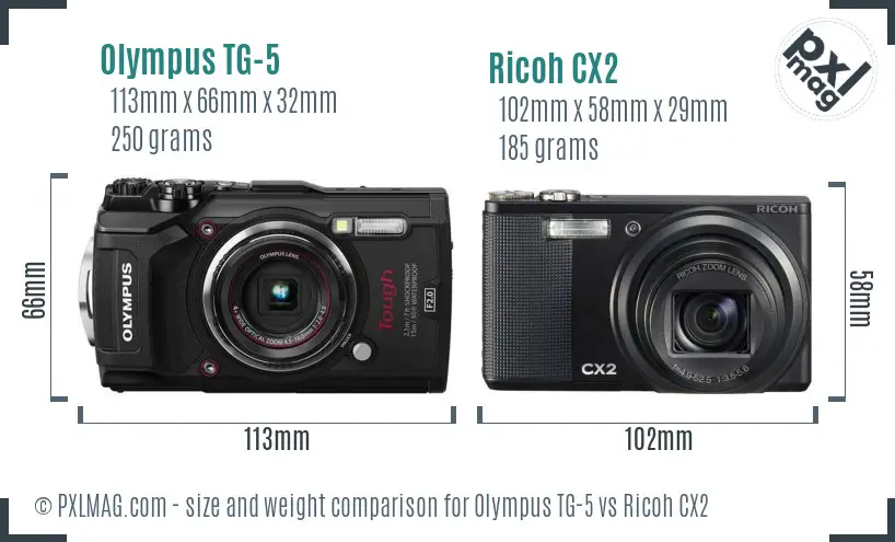 Olympus TG-5 vs Ricoh CX2 size comparison
