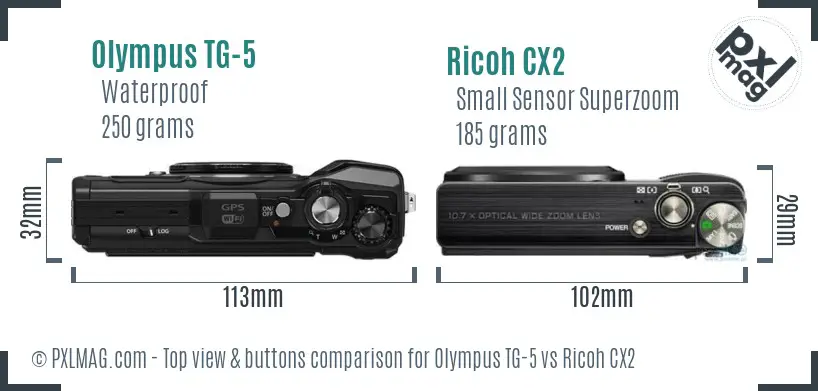 Olympus TG-5 vs Ricoh CX2 top view buttons comparison