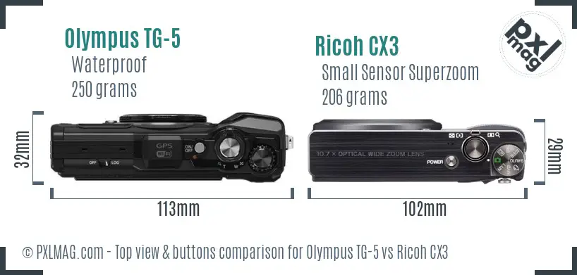 Olympus TG-5 vs Ricoh CX3 top view buttons comparison