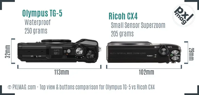 Olympus TG-5 vs Ricoh CX4 top view buttons comparison