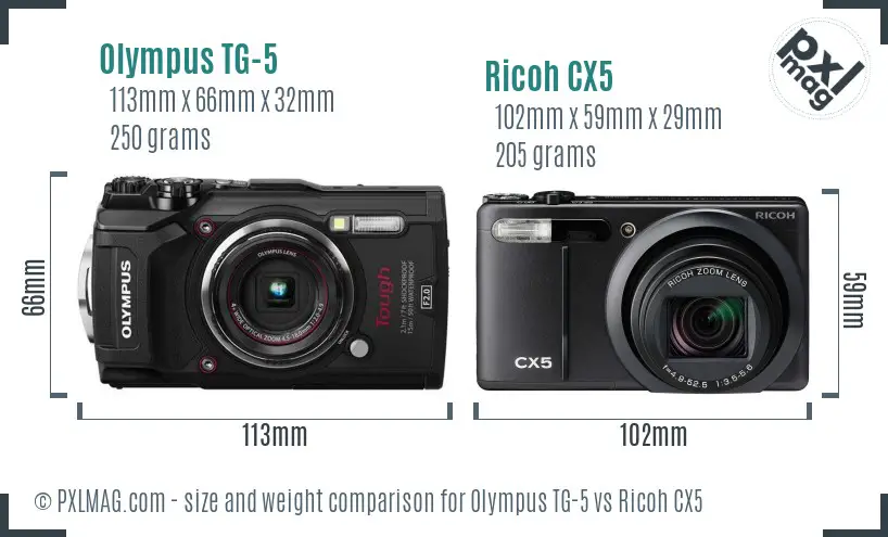 Olympus TG-5 vs Ricoh CX5 size comparison