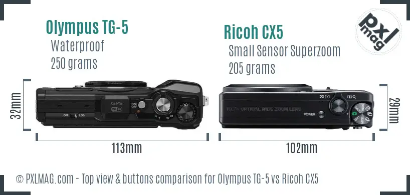 Olympus TG-5 vs Ricoh CX5 top view buttons comparison