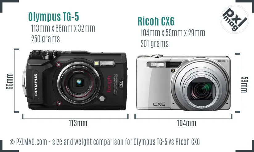 Olympus TG-5 vs Ricoh CX6 size comparison