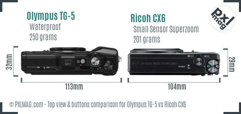 Olympus TG-5 vs Ricoh CX6 top view buttons comparison