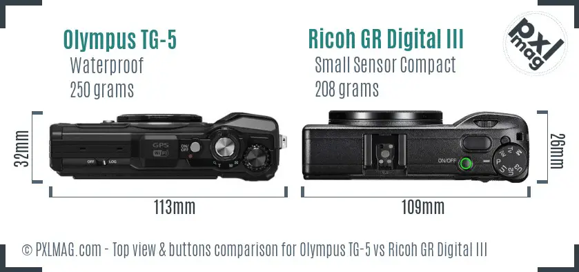 Olympus TG-5 vs Ricoh GR Digital III top view buttons comparison