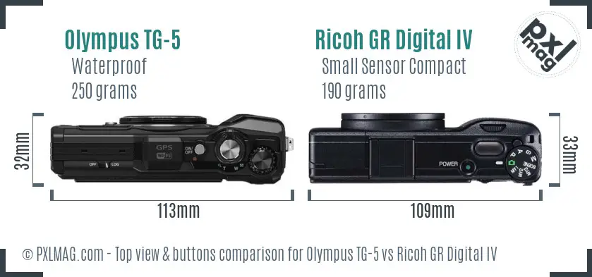 Olympus TG-5 vs Ricoh GR Digital IV top view buttons comparison