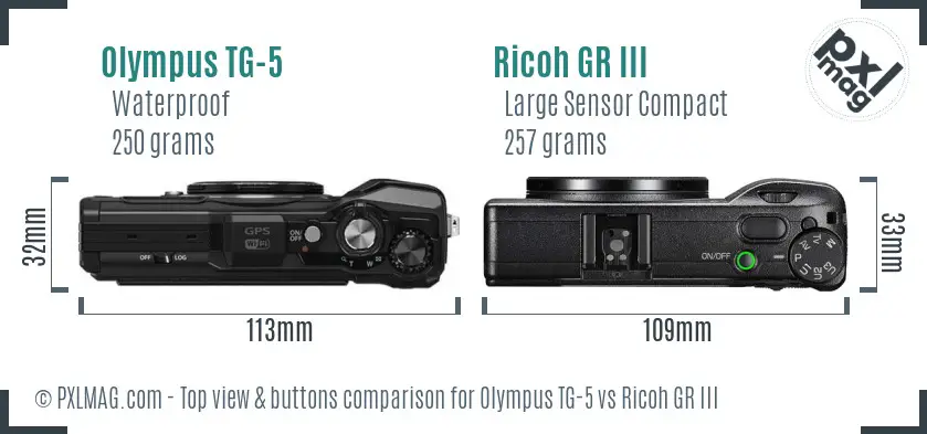 Olympus TG-5 vs Ricoh GR III top view buttons comparison