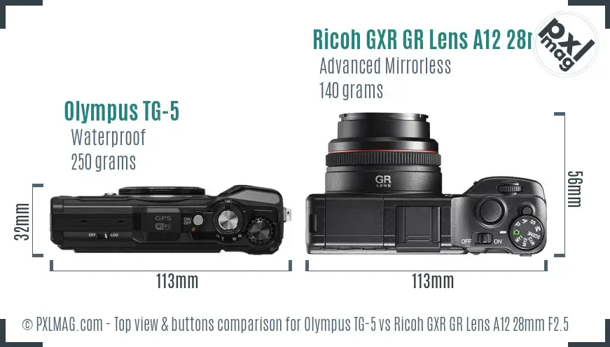 Olympus TG-5 vs Ricoh GXR GR Lens A12 28mm F2.5 top view buttons comparison
