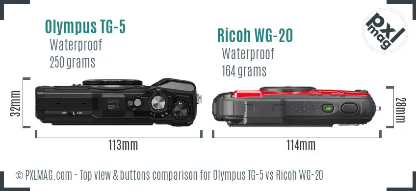 Olympus TG-5 vs Ricoh WG-20 top view buttons comparison