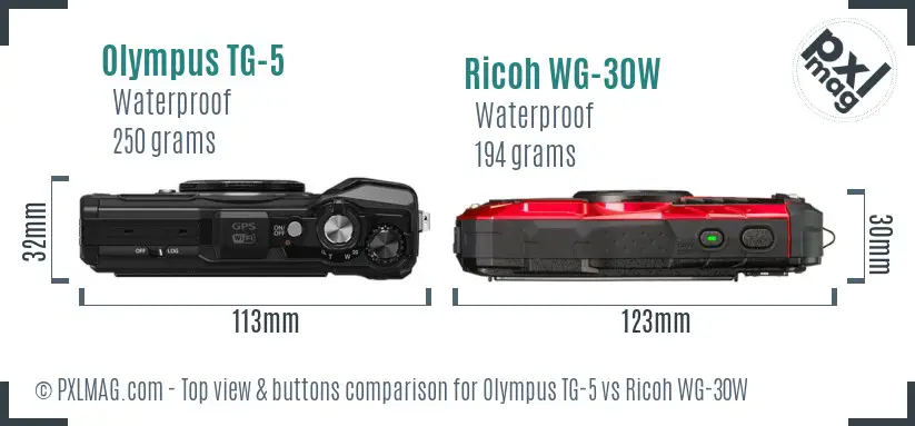 Olympus TG-5 vs Ricoh WG-30W top view buttons comparison