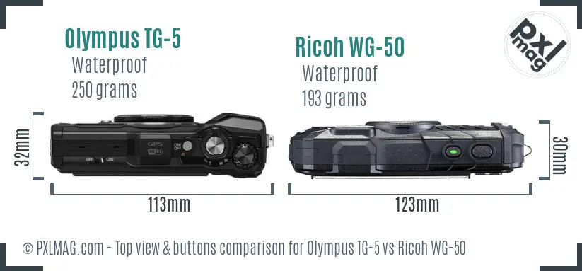 Olympus TG-5 vs Ricoh WG-50 top view buttons comparison