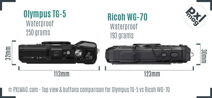 Olympus TG-5 vs Ricoh WG-70 top view buttons comparison