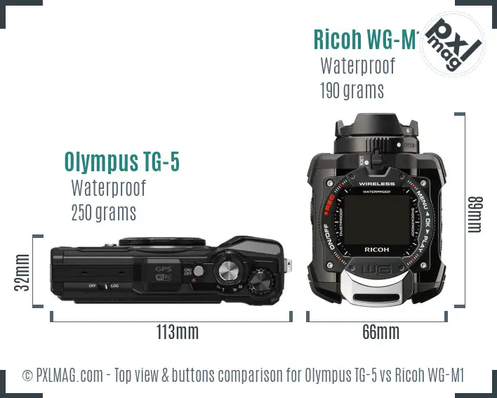 Olympus TG-5 vs Ricoh WG-M1 top view buttons comparison