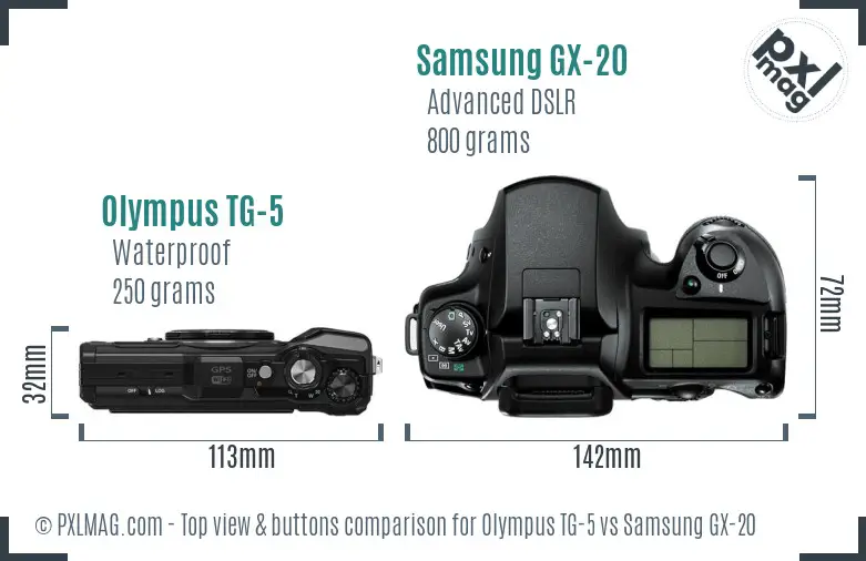 Olympus TG-5 vs Samsung GX-20 top view buttons comparison