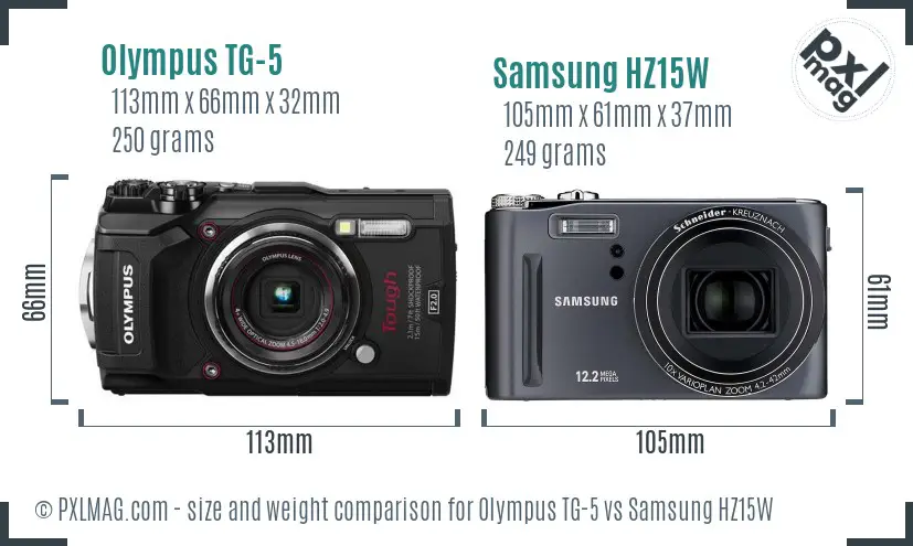 Olympus TG-5 vs Samsung HZ15W size comparison