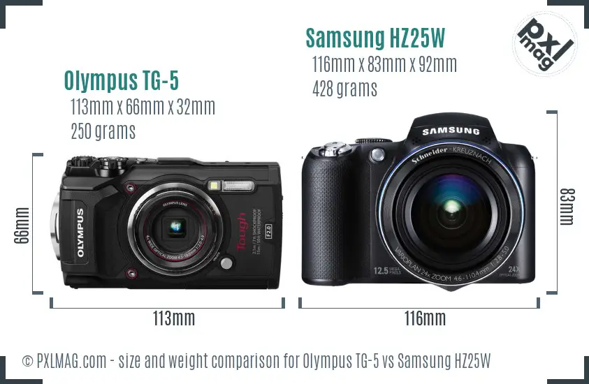 Olympus TG-5 vs Samsung HZ25W size comparison