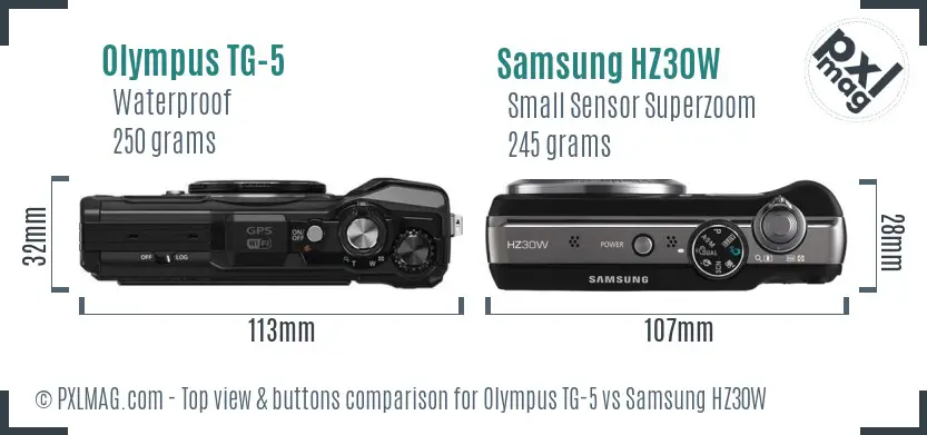 Olympus TG-5 vs Samsung HZ30W top view buttons comparison