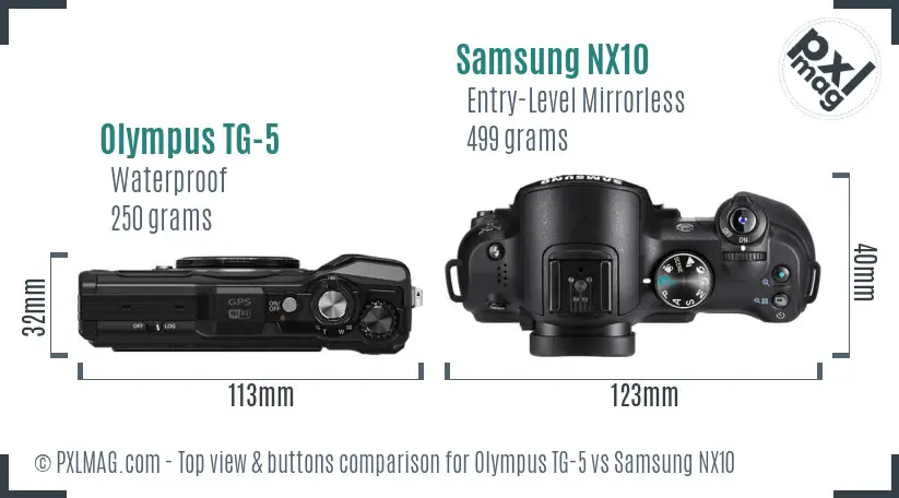 Olympus TG-5 vs Samsung NX10 top view buttons comparison Olympus TG-5 vs Samsung NX10 top view buttons comparison