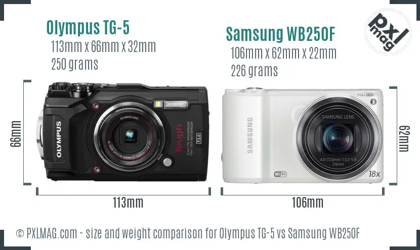 Olympus TG-5 vs Samsung WB250F size comparison