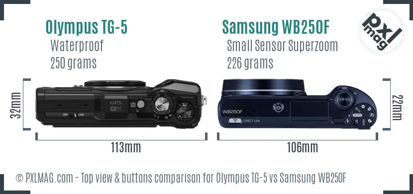 Olympus TG-5 vs Samsung WB250F top view buttons comparison