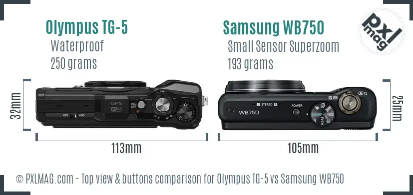 Olympus TG-5 vs Samsung WB750 top view buttons comparison Olympus TG-5 vs Samsung WB750 top view buttons comparison
