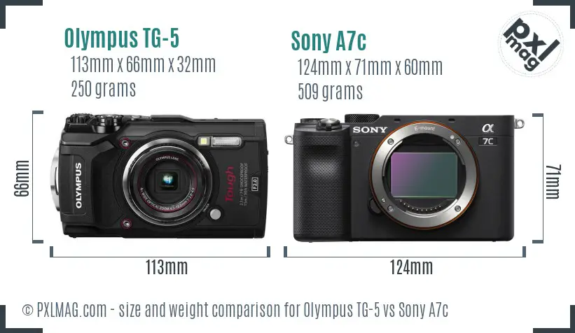 Olympus TG-5 vs Sony A7c size comparison